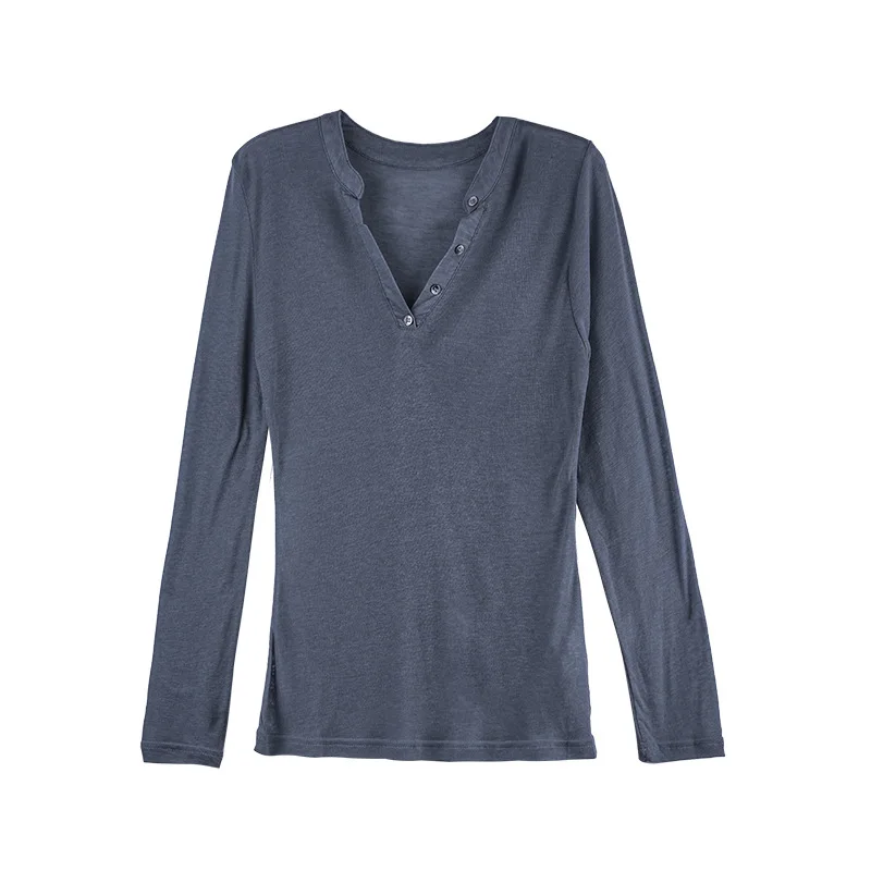 Women Henley Collar Shirt V Neck Lyocell Wool Blended Spring Summer Tops S