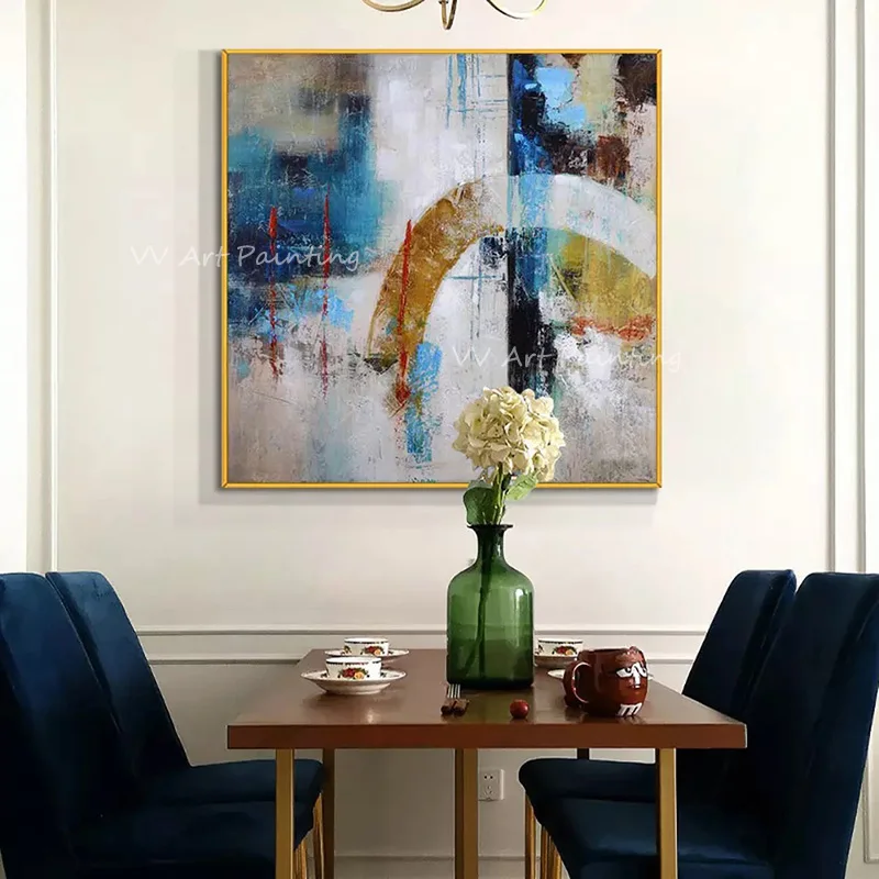 Handmade Textured Abstract Canvas Art, Handpainted Vintage Distressed Geometry Painting For Office Entryway Decor