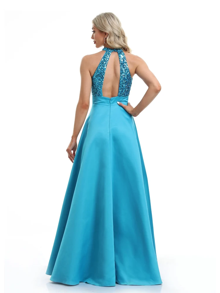 فساتين سهرة أنيقة برقبة دائرية بالترتر الأزرق طويلة فاخرة للنساء من التل بدون أكمام لحفلات الزفاف وحفلات الكوكتيل #2