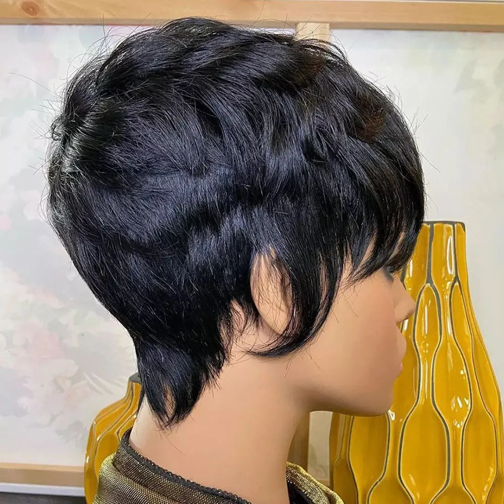 Parrucche corte per capelli umani con frangia parrucca piena a buon mercato fatta a macchina senza colla Pixie Cut parrucca brasiliana per capelli