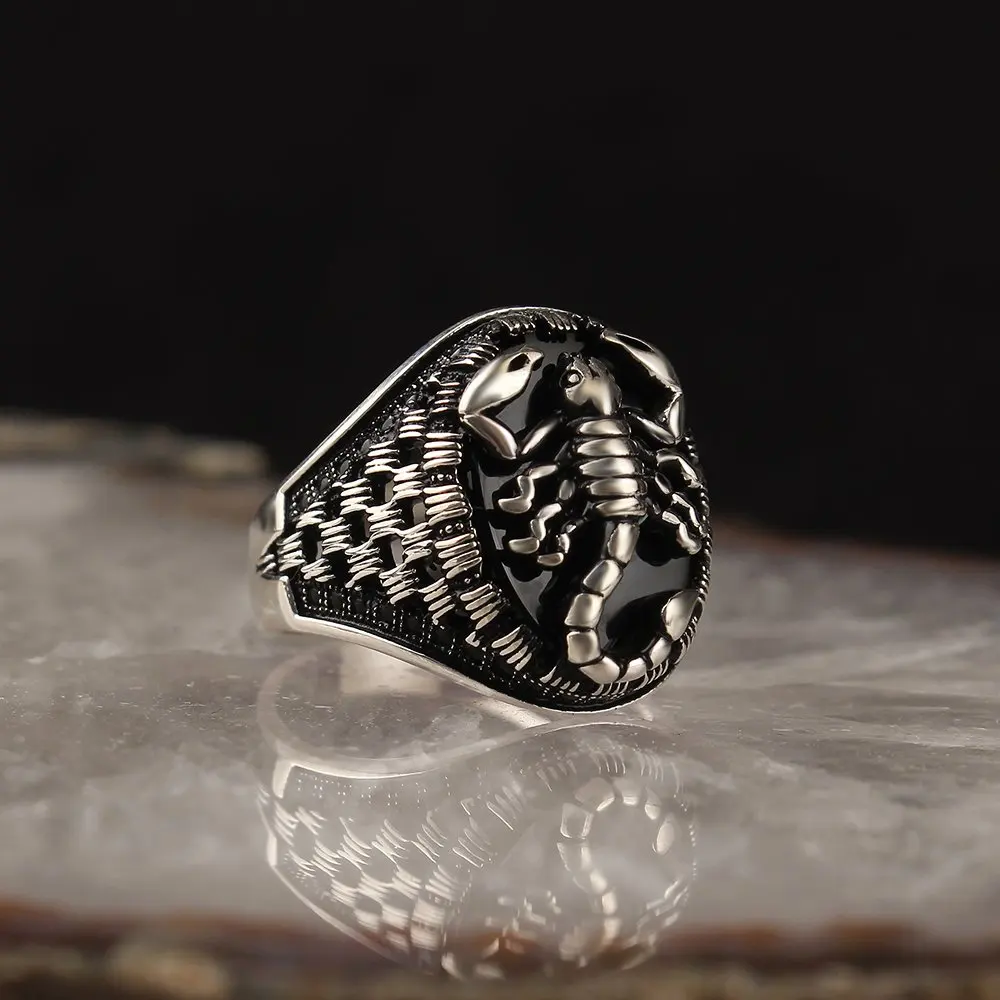 MEN 'S 925 Sterling Silver Ring, Onyx Stone Scorpion Model, Male Gift Accessories Jewelry, Real Natural Stone, made in Turkey High Quality