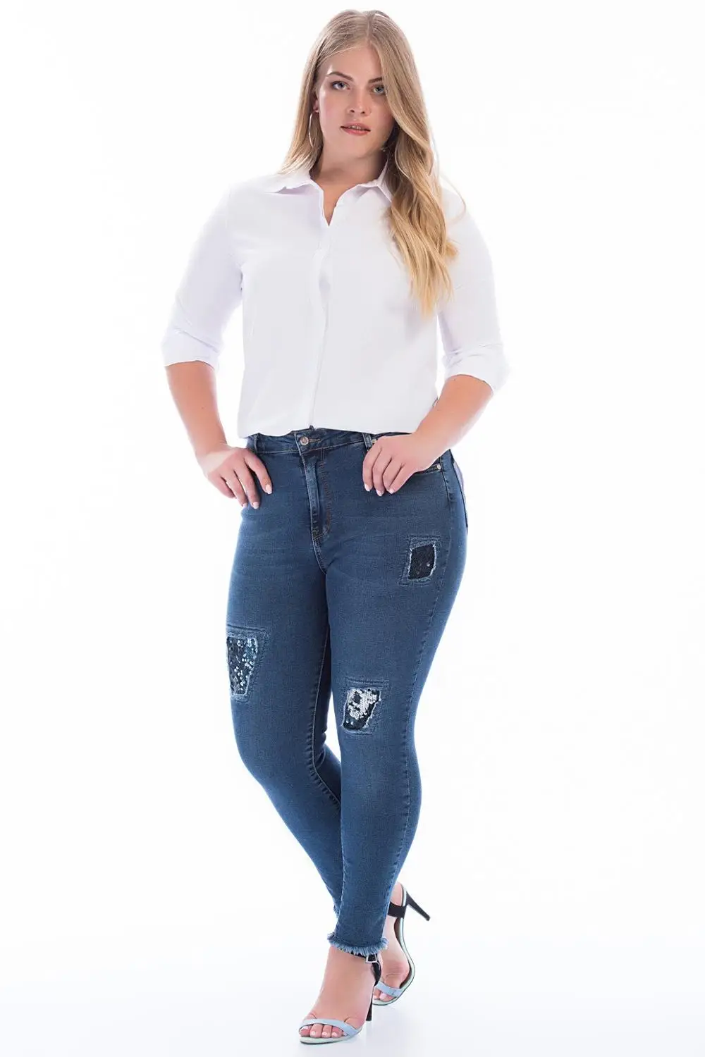 Women's Plus Size Sequins Detail Jeans Trousers Blue 49108