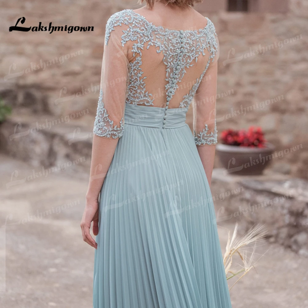 Nieuwste Blue Lace Moeder Van De Bruid Jurken Met 3/4 Mouwen Wedding Party Jurken V-hals Moeder Jurk Lange Diner jurken