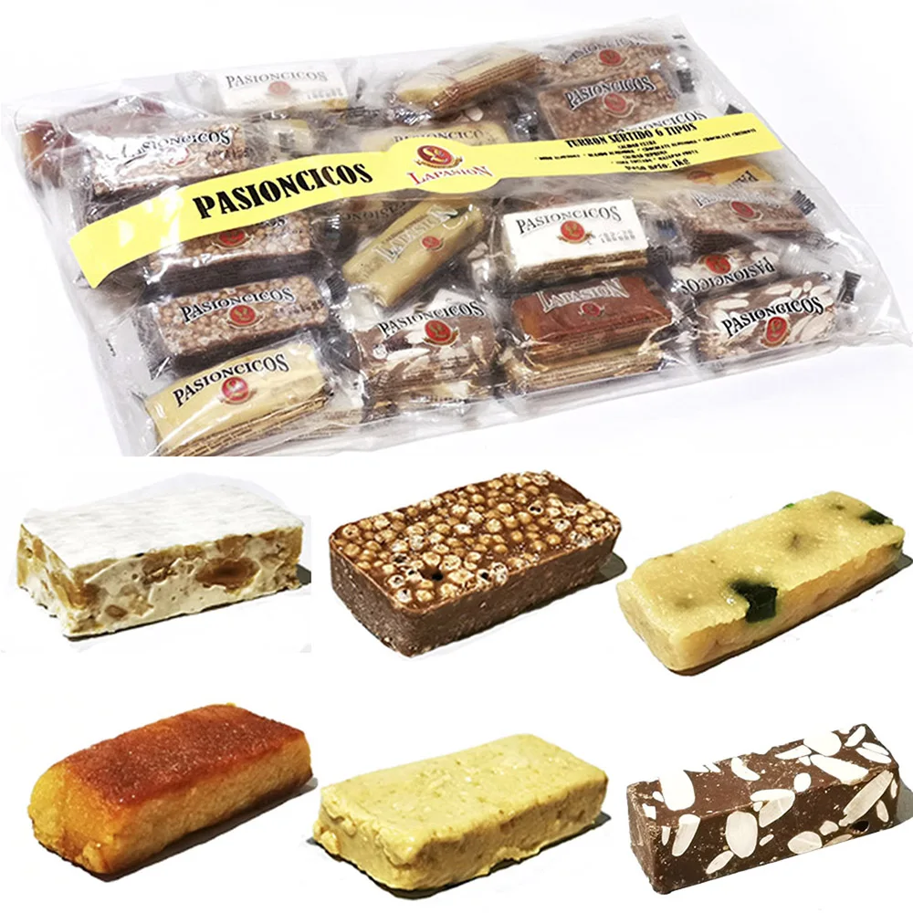 Portions of assorted turrones. 6 types. 1Kg bag. Individually wrapped. Made up of soft, hard, Chocolate with