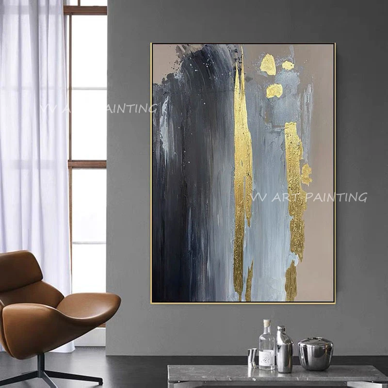 Modern Nordic Gold Leaf Abstract Oil Painting, Handmade Impasto Vertical Canvas Art, Large Unframed Luxury Wall Art, Decor Gift