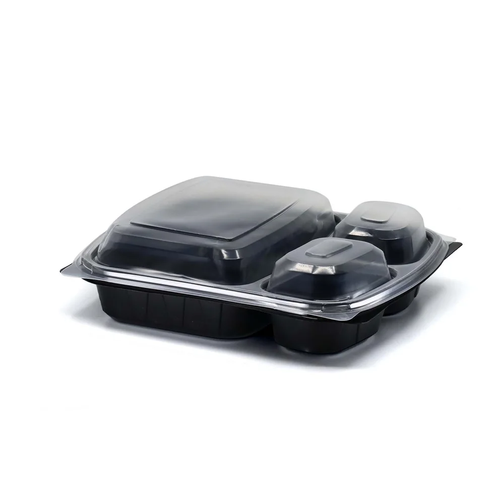 Black Party Container com tampa clara, bandeja de jantar dividida, Lunch Container, prato de alimentos com divisor de alimentos, Microwavable, 50 PCs