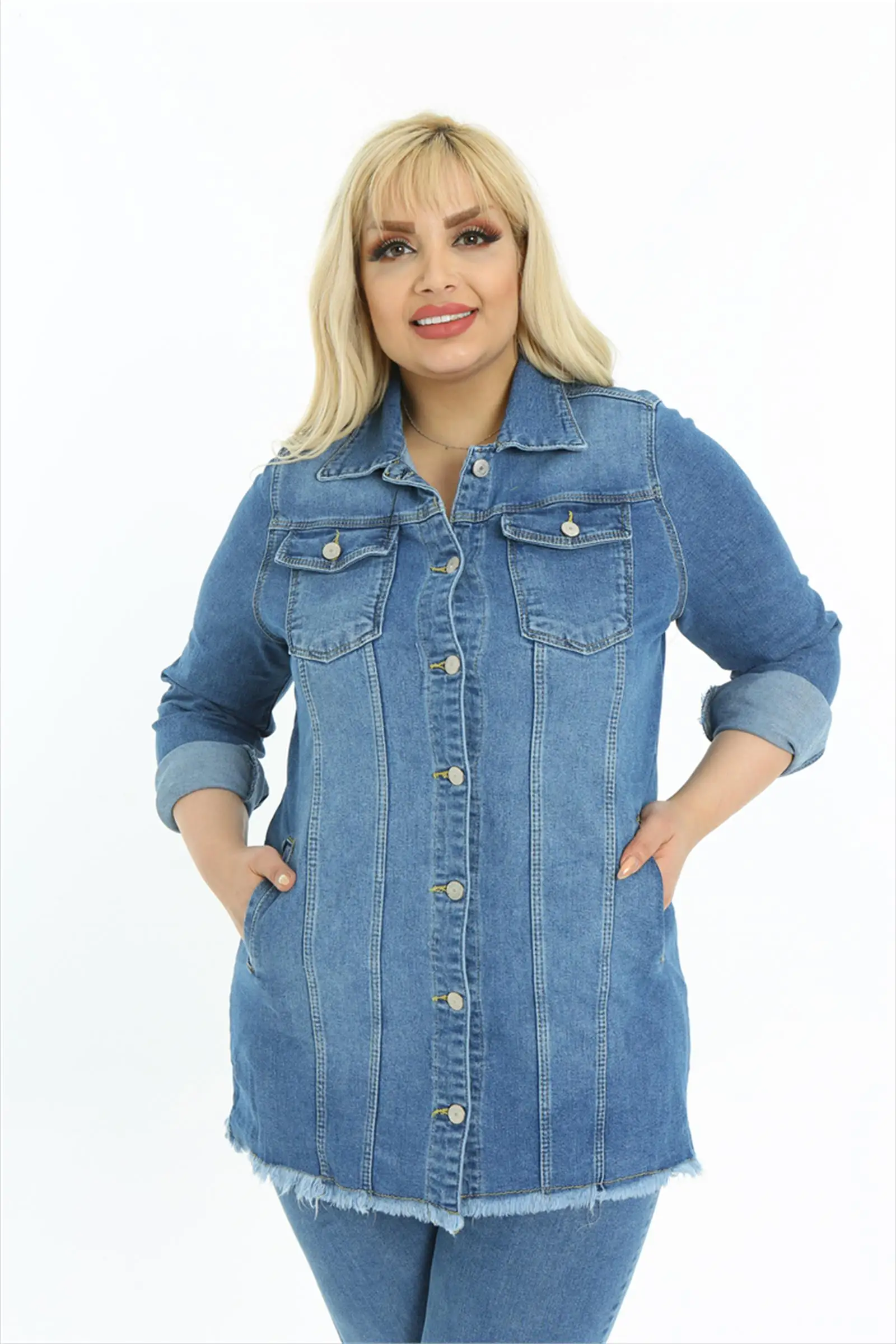 Diaves Women Plus Size Long Sleeve Denim Jacket Fashion Mid-length Pocked and Button Detailed Jeans Turkish Quality