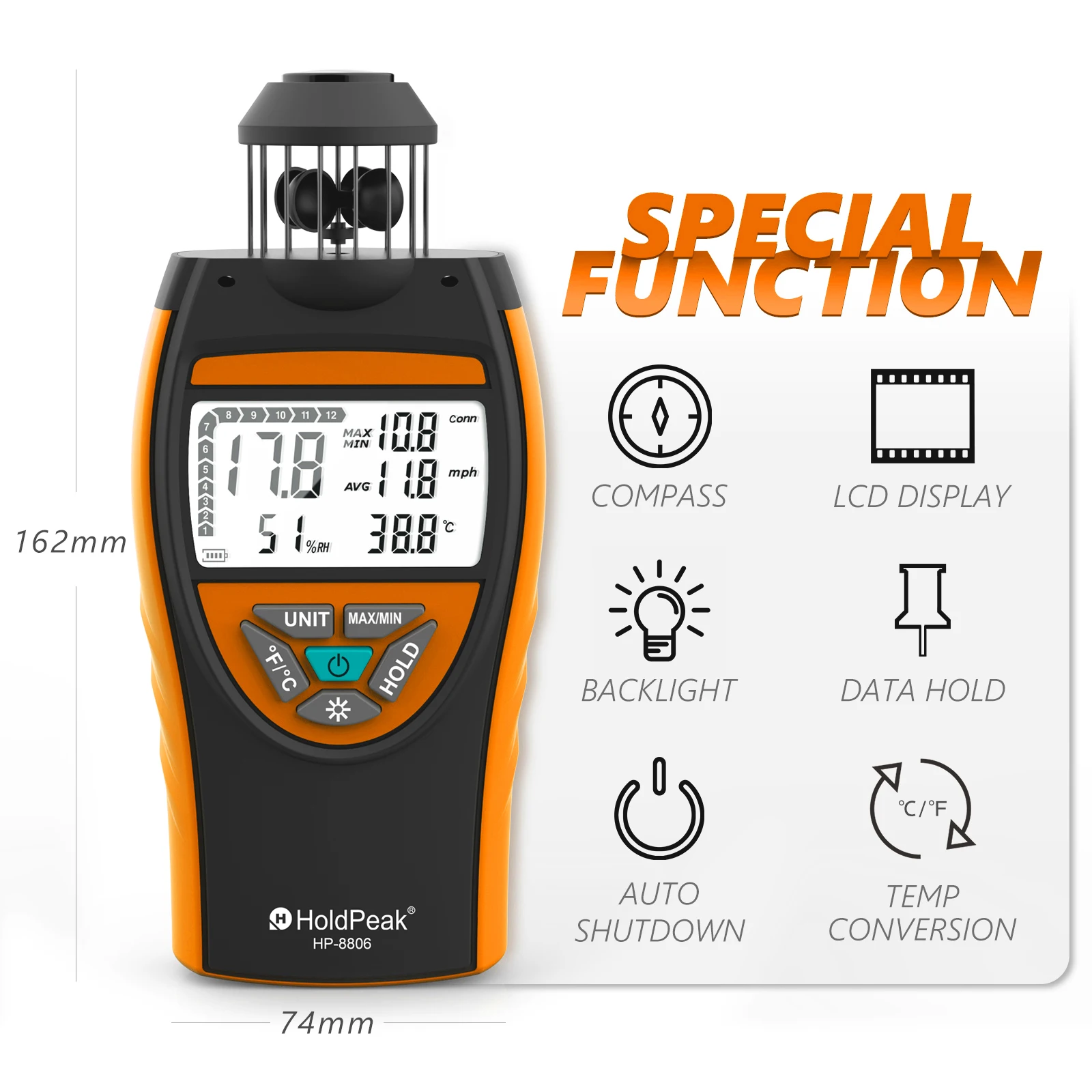 HOLDPEAK-anemómetro portátil HP-8806, vaso de viento, 2,5 ~ 150 KM/h, AVG, 6 unidades ajustables con pantalla de retroiluminación de medición de temperatura