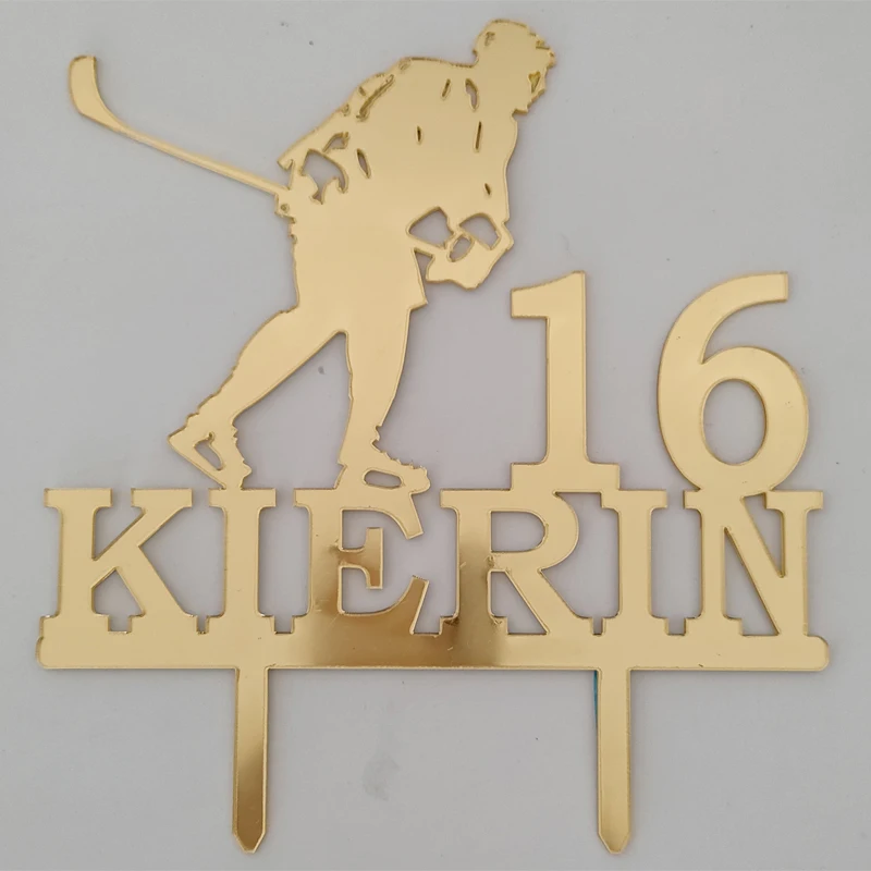 Custom Name Age Man Playing Ice Hockey Silhouette Cake Topper For Ice Hockey Fans Birthday Party Cake Decoration YC156