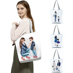 Cute Cartoon Super Mama Print Linen Tote Bags Reusable Shoulder Bag Mom and Baby Folding Women Casual Handbags Lady Fabric Totes