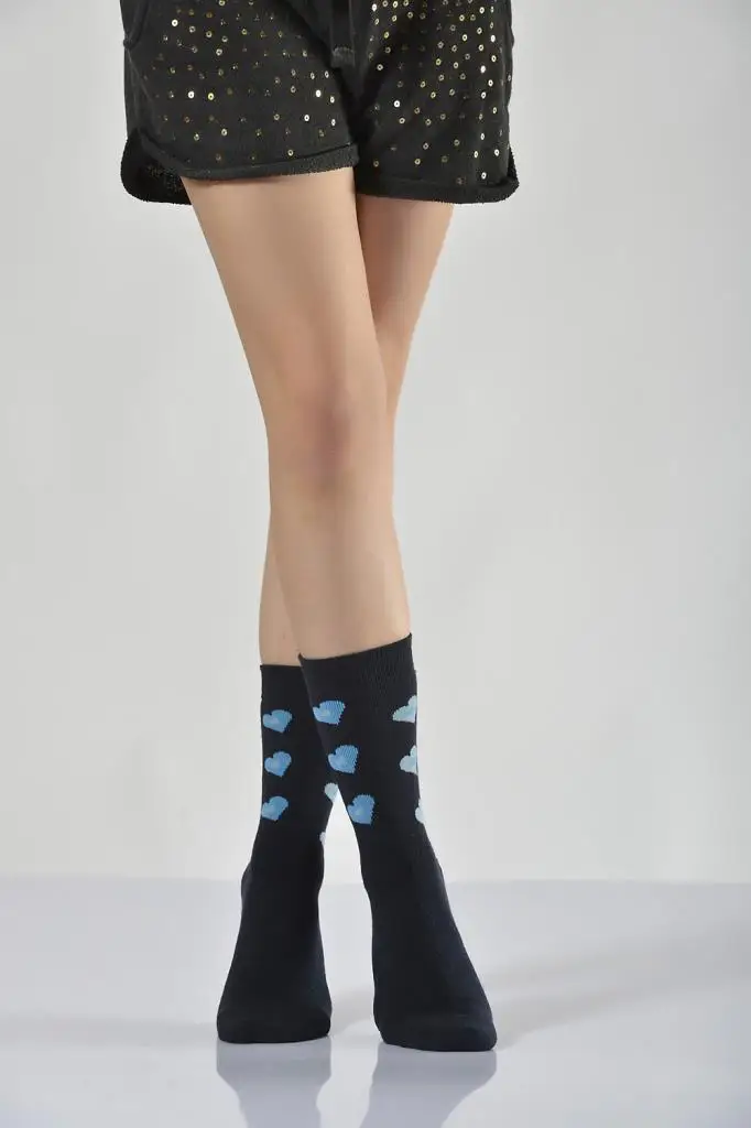 Idilfashion Women Full Towel Heart Patterned Socket Stocking-Navy Blue-B-ART051 (3'LÜ PACKAGE)