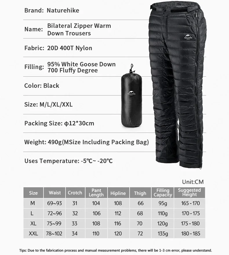 Naturehike Outdoor Thermal Goose Down Pants Both Side Open Zipper Windproof Waterproof Camping  Hiking Men Women Winter Trousers