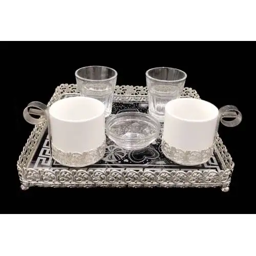 DOLBOVI Square Tray Two Person Luxury Silver Coffee Cup Pad 6 piece