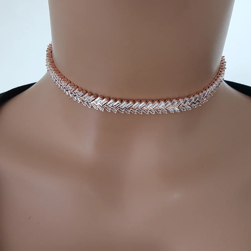 Baquette Rose Gold Choker Necklace Silver Choker 925 Sterling Silver for Women Made in TURKEY