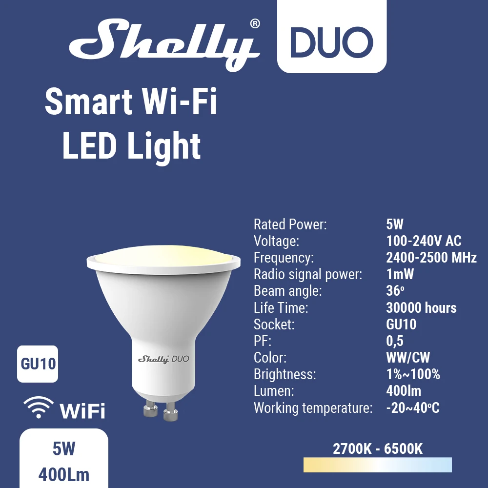 Bombilla LED inteligente Shelly DUO GU10, luz blanca/Rgbw, 5W, WiFi, funciona con Google Home, 220-240V, temporizador regulable, función mágica