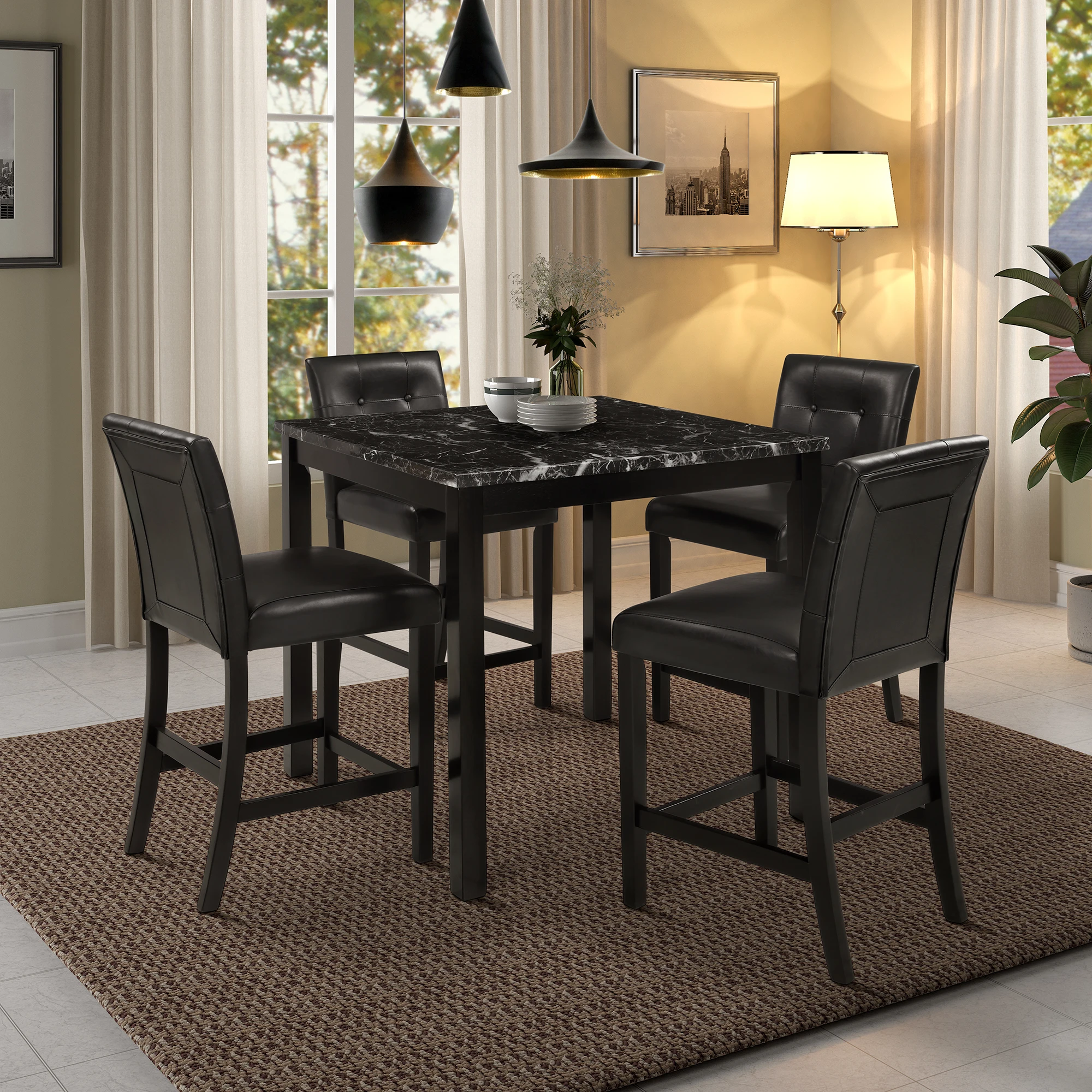 5-Piece Kitchen Table Set Marble Top Counter Height Dining Table Set with 4 Leather-Upholstered Chairs (Black)[US-W]