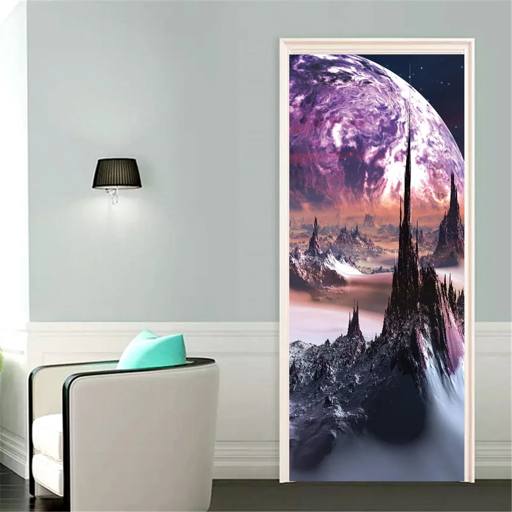 Moon Over Sea Closet Door Sticker Explosion Planet Mysterious Universe 3D Mural Wall Wallpaper Bedroom Living Room Deurstickers
