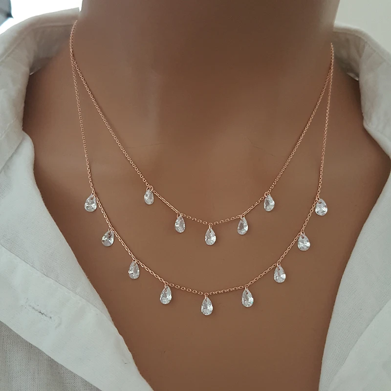 Simulated Diamond Layer Necklace Cz Diamond Necklace Pear Cz Diamond Layered Necklace