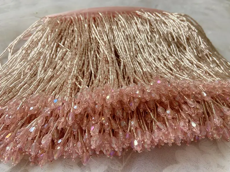 Light Pink Heavy Bead Fringe Tassel Trim For Dance Costume, Haute Couture Dress Trimming Beading Fringe Gold Silver Blue