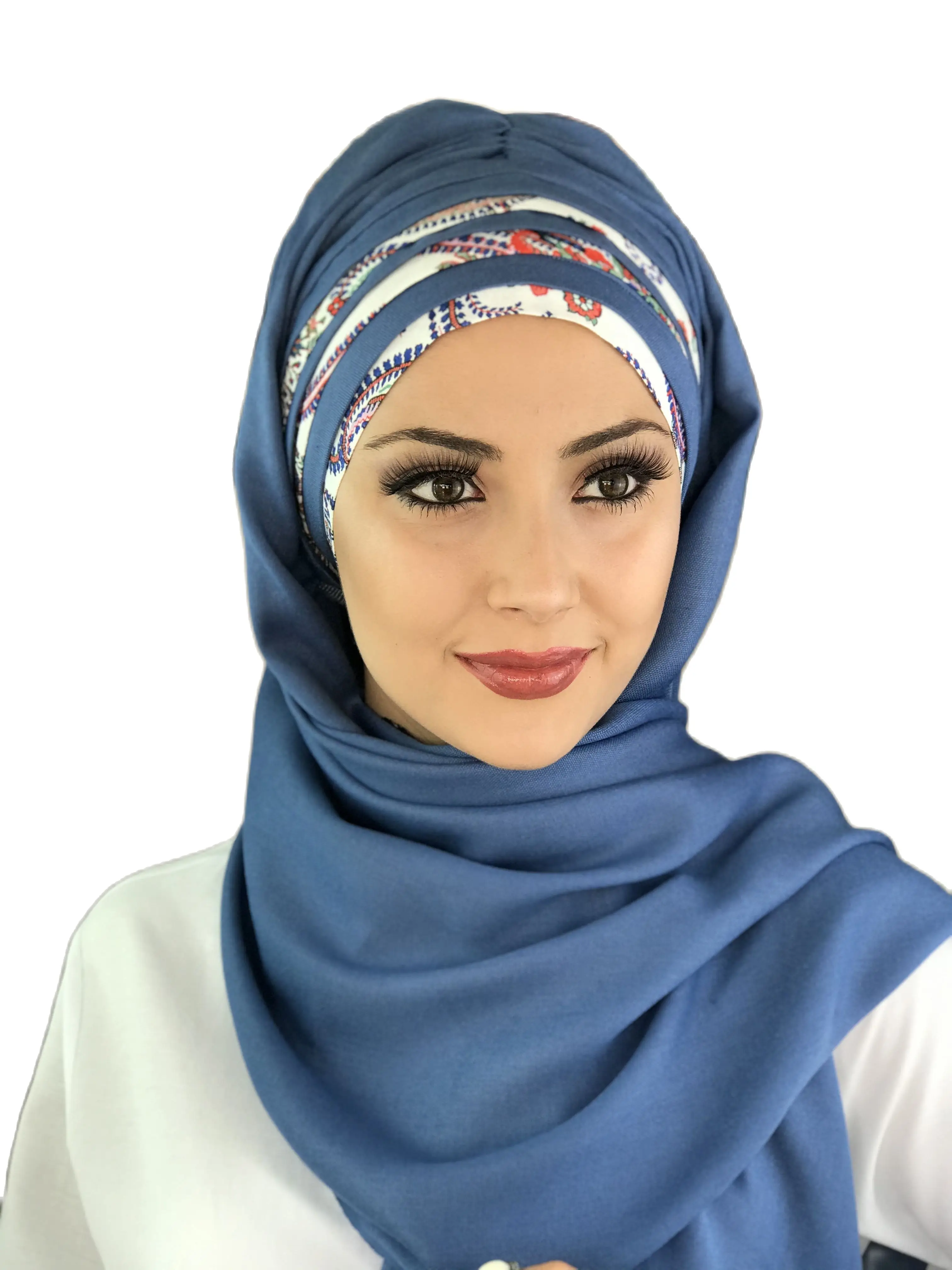 New Fashion Hijab 2021 Muslim Women's Hat Bonnet Foulard Turban Scarf Petrol Blue Draped Patterned Ready Made Shawl