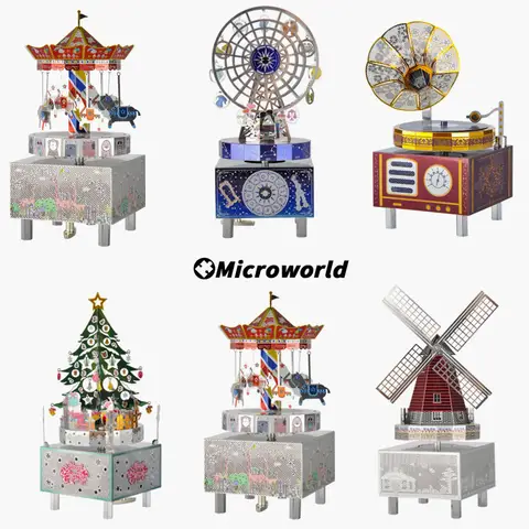 Microworld 3D 금속 퍼즐 게임 회전 뮤직 박스 모델 키트, DIY 로마틱 장난감, 여아 및 성인용 직소 크리스마스 선물