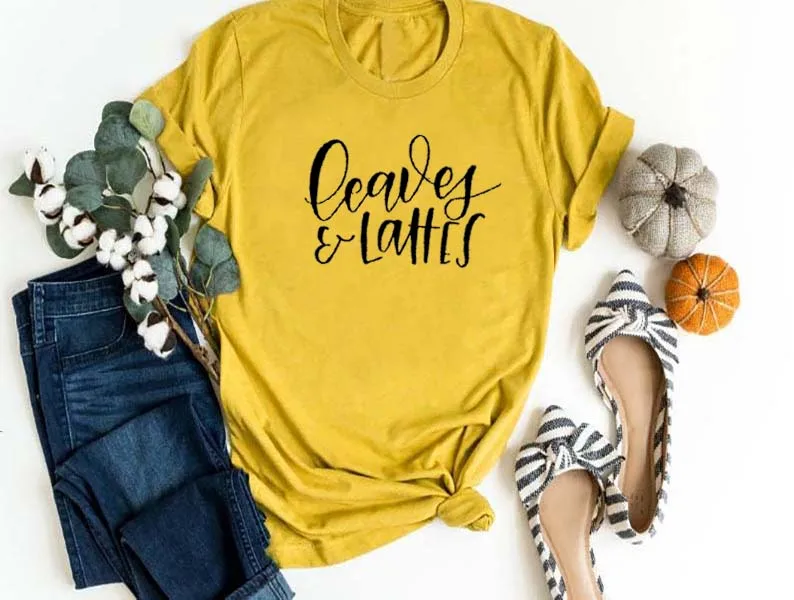 Leaves and Lattes Graphic Printed New Arrival Women's Summer Funny 100%Cotton T-Shirt fall tees Thanksgiving Shirt Pumpkin Spice