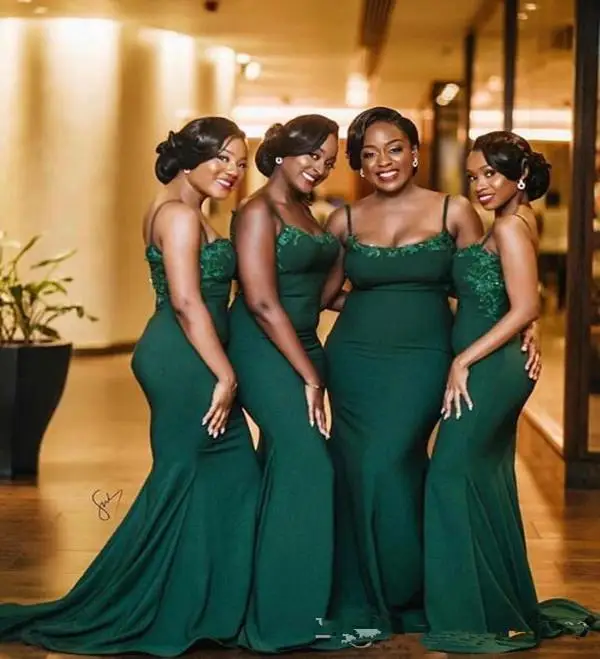 MULONG Sexy Emerald Green African Mermaid Bridesmaid Dress Sweep train lace appliques Spandex Wedding Guest Dress Maid Of Honor