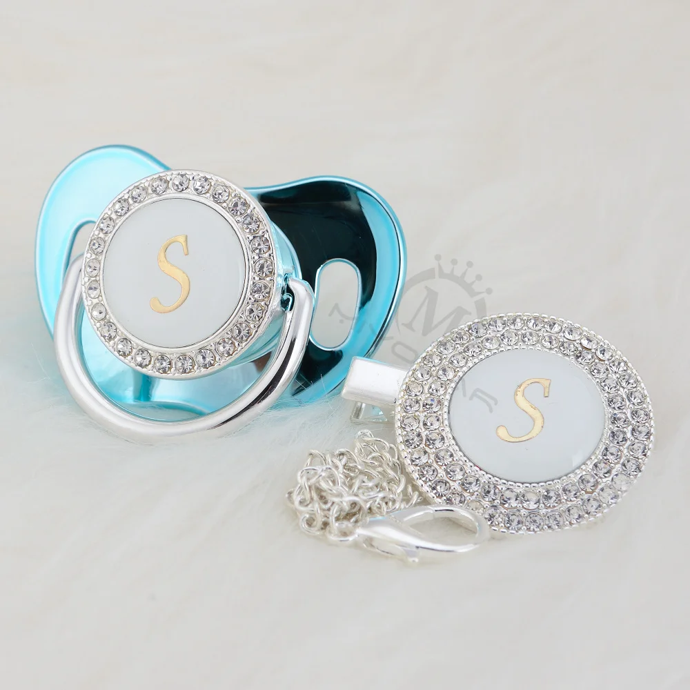 

MIYOCAR name Initial letter S elegant silver collection bling pacifier and pacifier clip BPA free dummy bling SGS pass LS-1