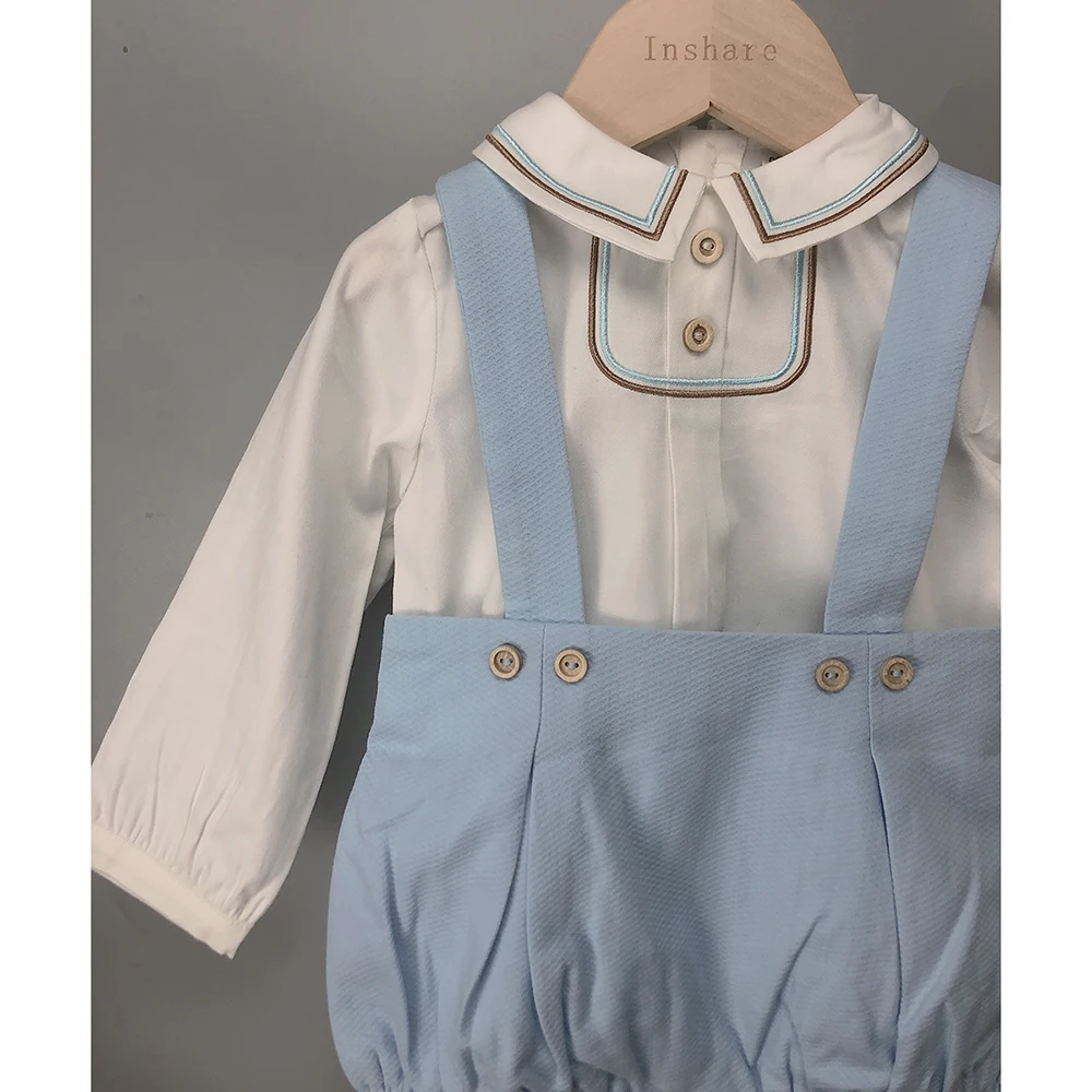 2Pcs Children Boutique Clothing Baby Boy Blue Set Cotton Long Sleeves Shirt And Straps Shorts Baptism Set Eid Clothes FD82203910