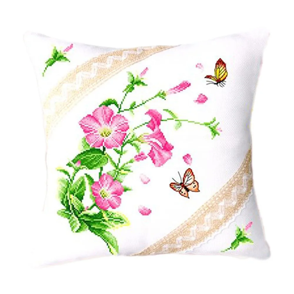 Morning Glory Wildflowers Butterflies Cushion Cover Stamped Cross Stitch Throw Pillow Kit, 18.1inches