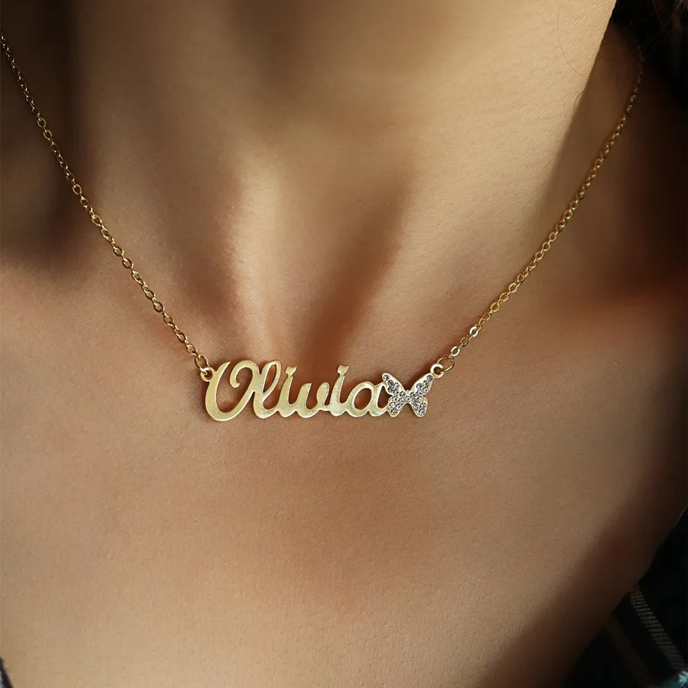 

VishowCo Personalized Name Necklace Stainless Steel Gold Choker Custom Name Zircon With Butterfly Pendant For Women Gifts