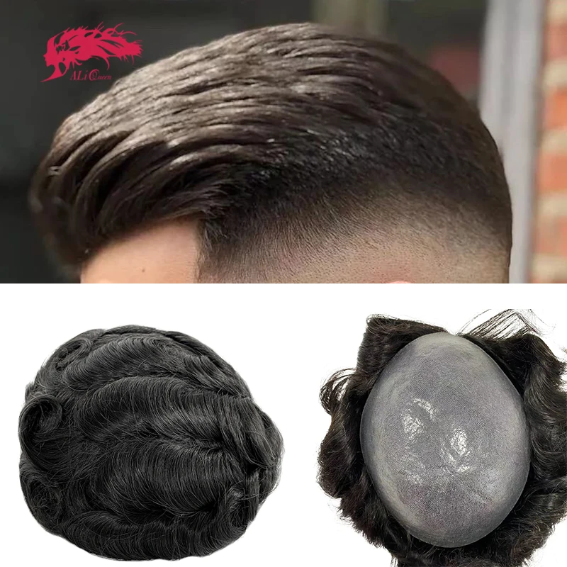 Ali Queen Sistem Penggantian Rambut PU Penuh Transparan Kulit Tipis 0.08-0.1Mm Wig Rambut Remy Manusia India untuk Pria Rambut Palsu Tahan Lama