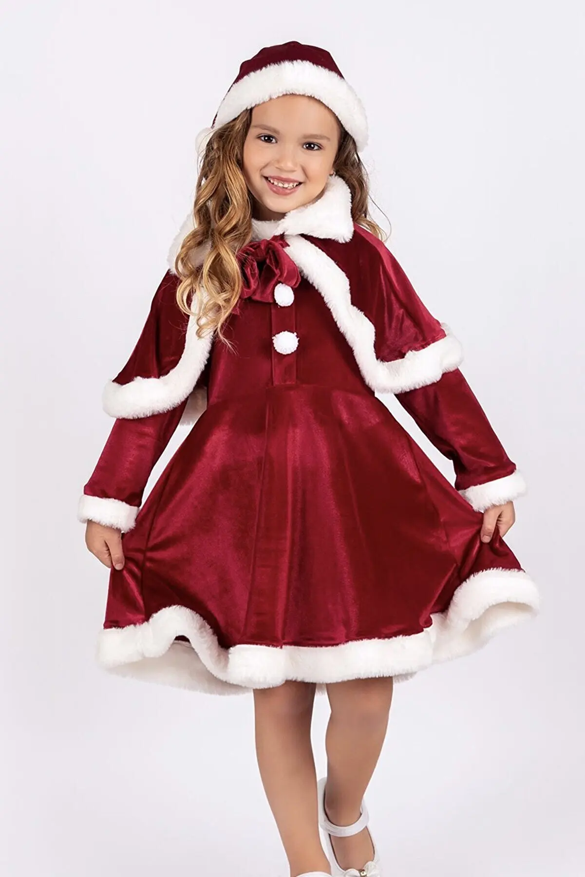 

Girls Red Velvet Merry Christmas Costume Dress With Cape Hat Fast Delivery With Express Shipping Option