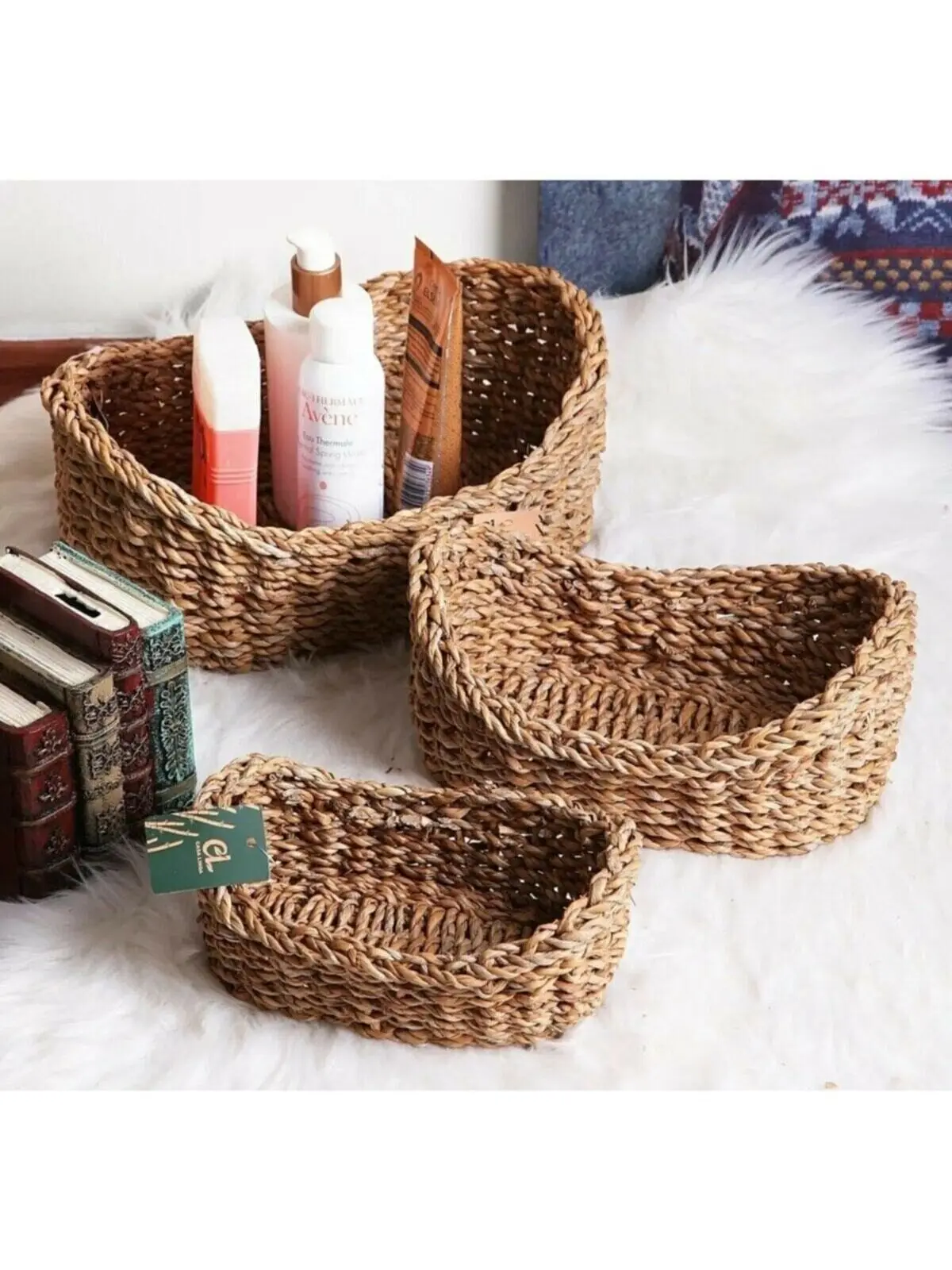 Home Decoration 3 Piece Oval Wicker Regulator Multi-Purpose Decorative Basket Natural Straw Handmade Wood Color