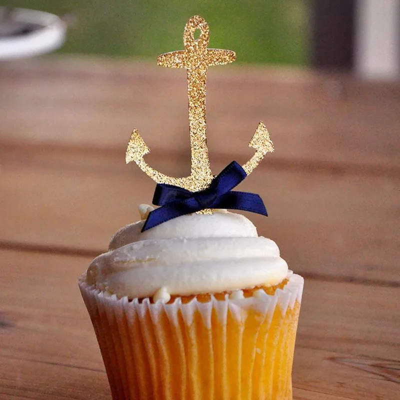 

Personalized Glitter Anchor Cupcake Toppers, Nautical Baby Shower Decorations, Sailor Decoration, Party Decorations