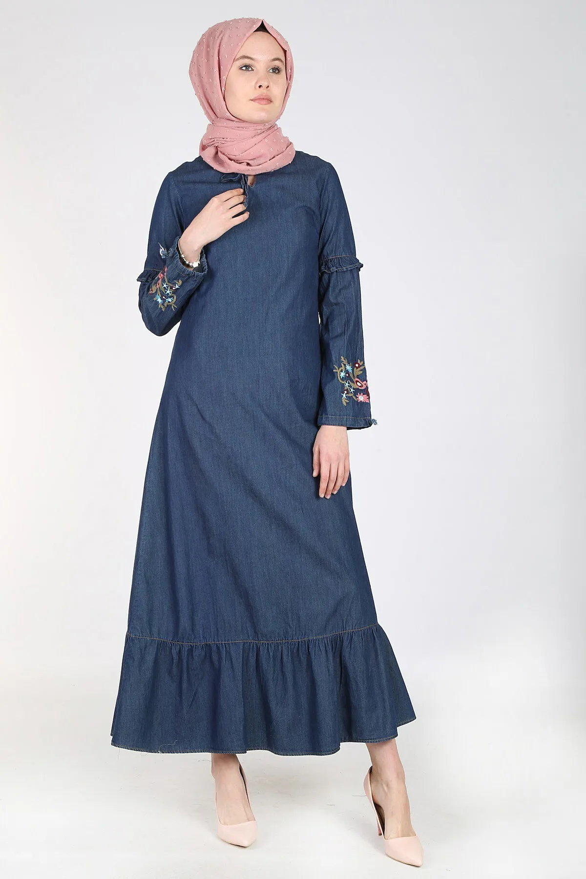 Handle Çiiçekli Jeans Dress 17628 Denim dress Dark Blue muslim long Dress women Dubai turkish hijab girl Islamic clothing abaya