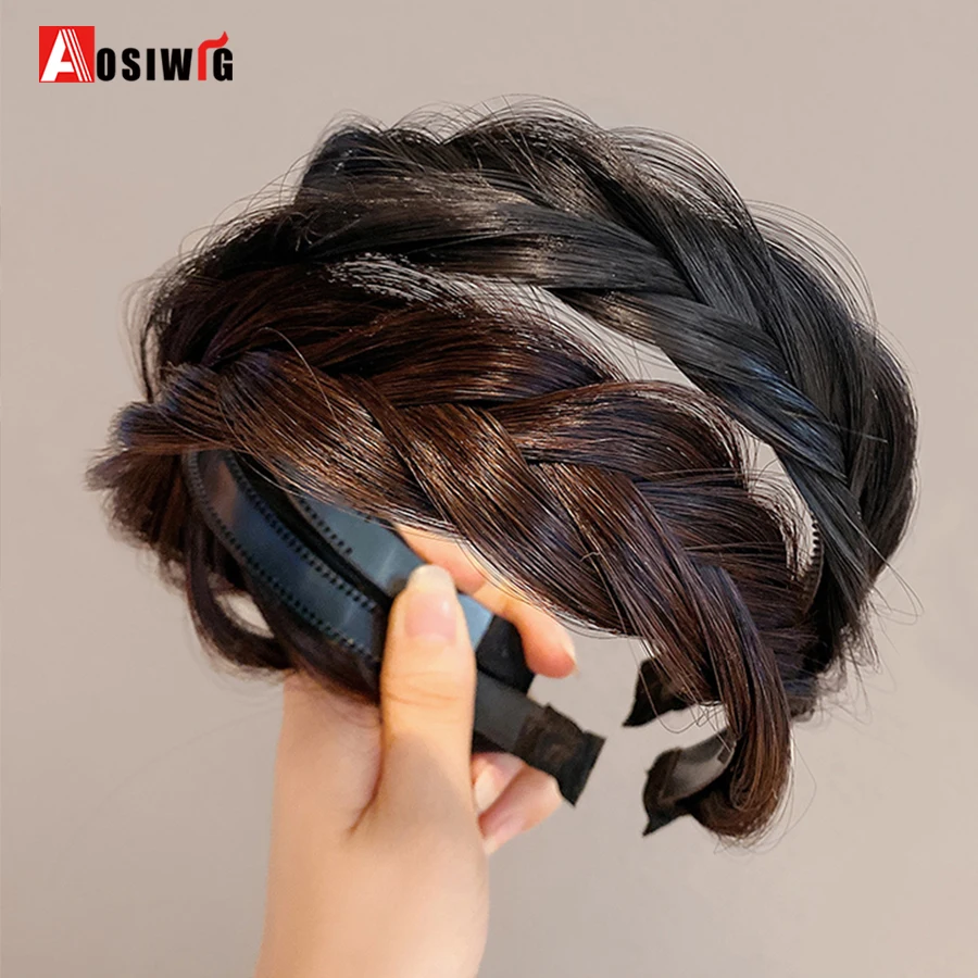 AOSIWIG cabello sintético para mujer, trenzas anchas de espina de pescado, diadema antideslizante hecha a mano, diadema Retro, accesorios de peinado