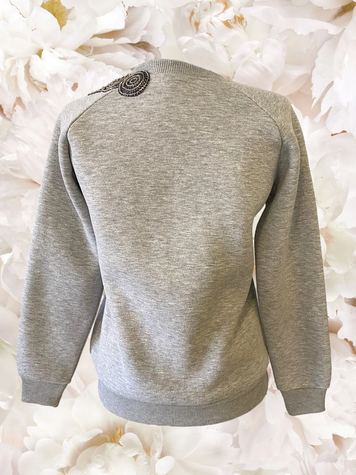 Handmade Crystal Bead Embroidered Women Gray Fleece İnside Sweatshirt