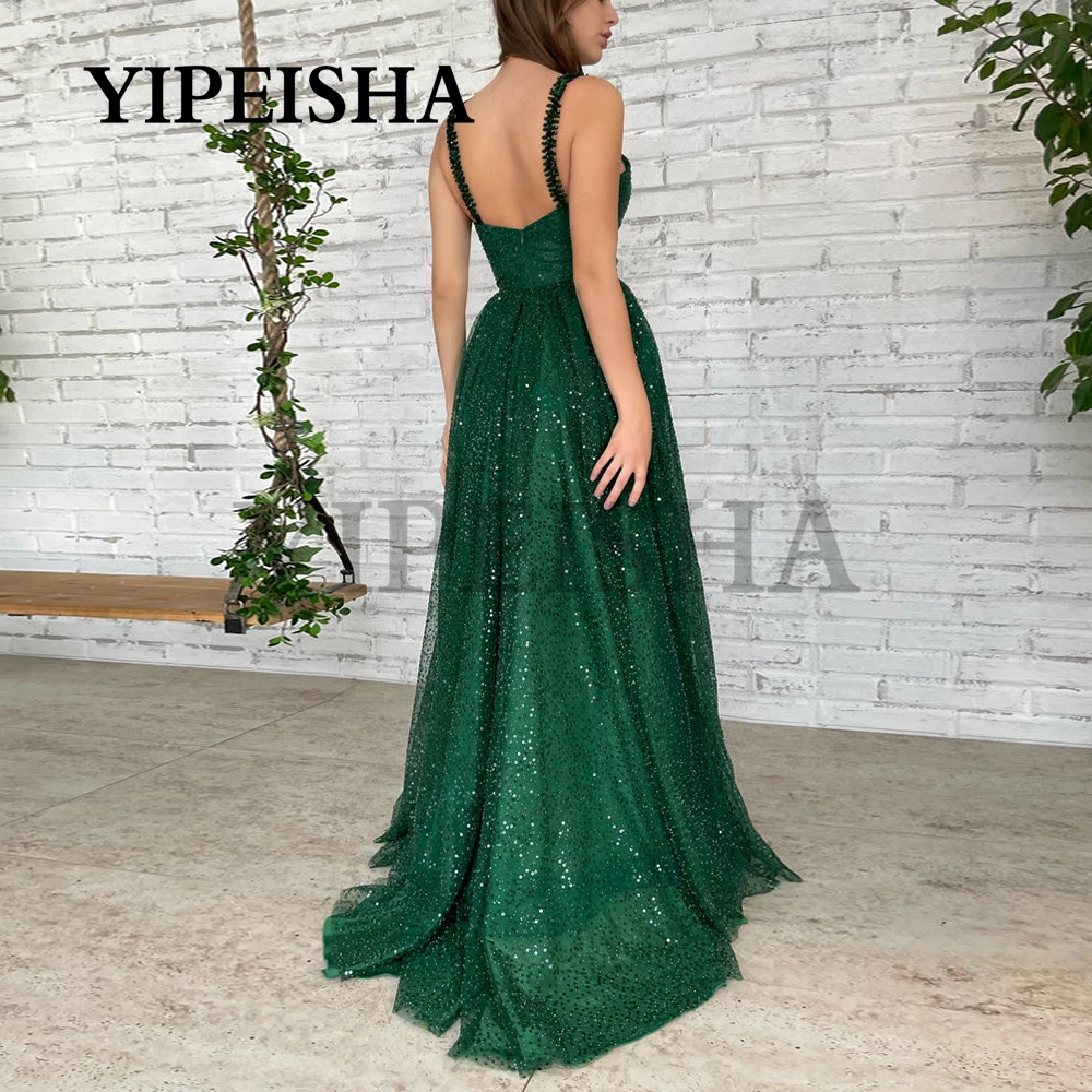 Glittery A-lijn Eevening Jurken V-hals Backless Spaghetti Strap Lovertjes Moderne Groene Bruidsjurk Robes De Soiree فساتين السهرة