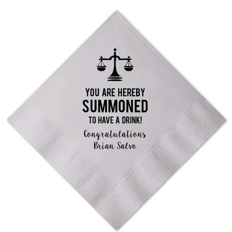 

Personalized Napkins Law School Graduation Summoned to Drink Printed Beverage Cocktail Luncheon Dinner Guest Towel Printed Paper