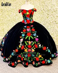 Cara&Alan Mexico Black Velvet Quinceanera Dresses With Embroidery Floral Off The Shoulder Charro vestidos de 15 años 2022