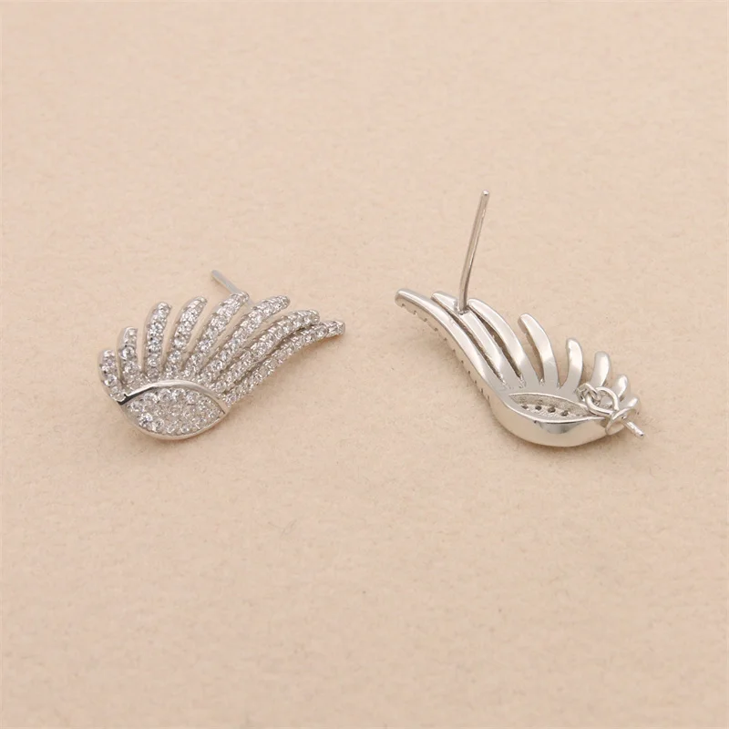 2pcs 925 Sterling Silver Wings Stud Earring Settings Findings With Zirconia Size 25x11mm For Half-drilled Beads