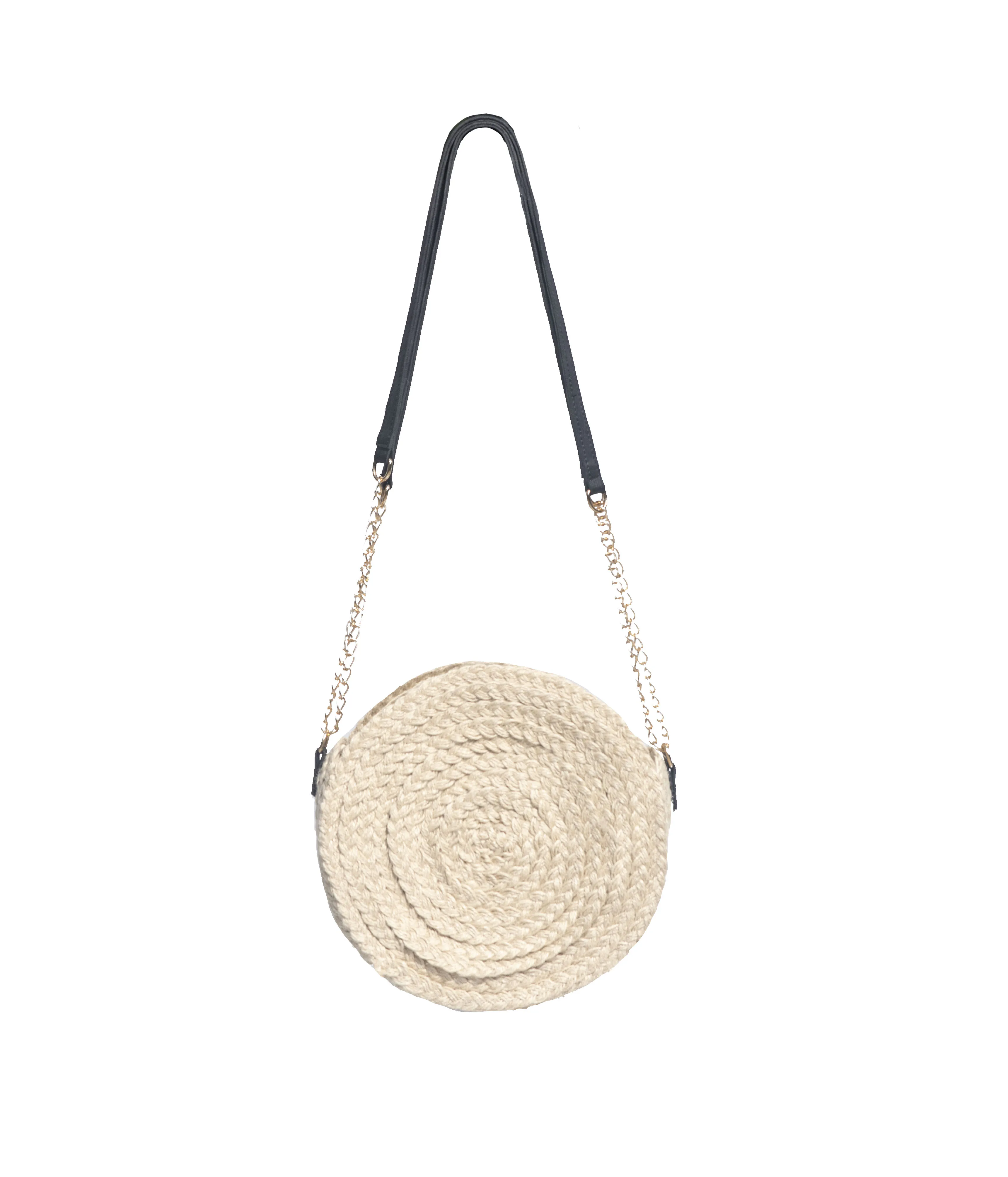 Correa de cuero de cadena de paja de yute para mujer, bolso Beige de punto redondo detallado, bolso informal elegante de verano