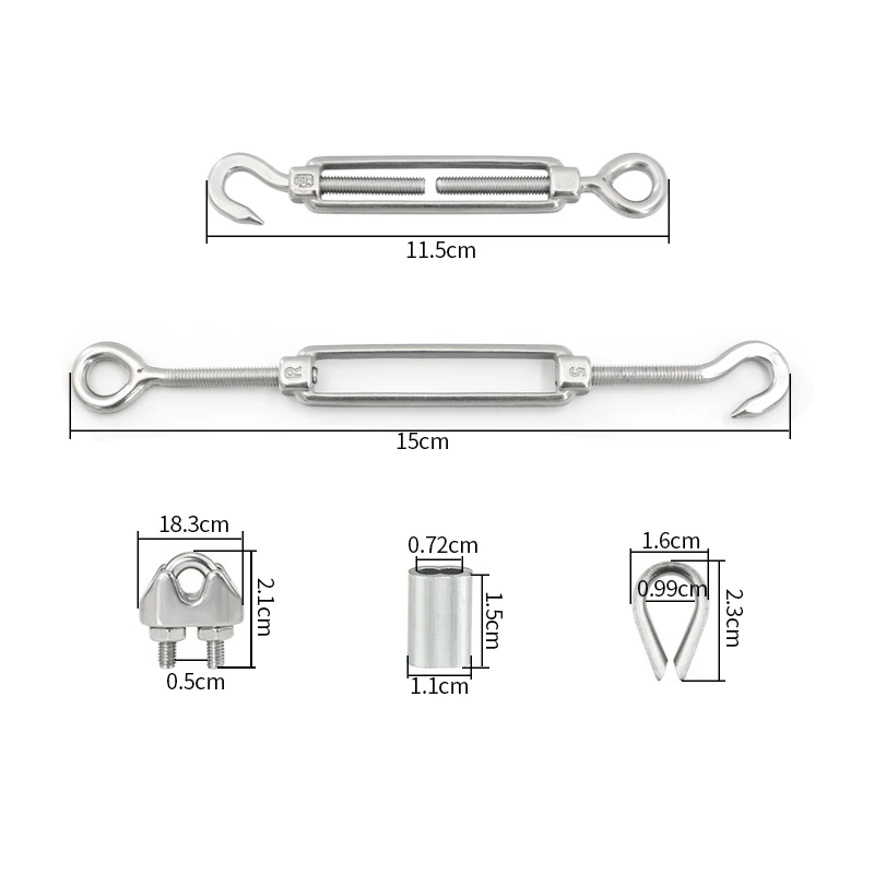 304 Stainless Steel Turnbuckle M5 Wire Rope Tension Tensioner Strainer and M3 Wire Rope Clips for 1/8 Inch Cable Railing Kit