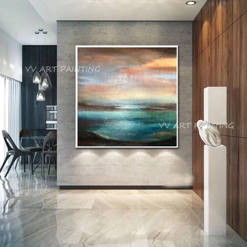 100% Handmade ocean seascape blue navy with sunrise landscape artwork Oil Paintings For Living Room OfficeHotel Decoration