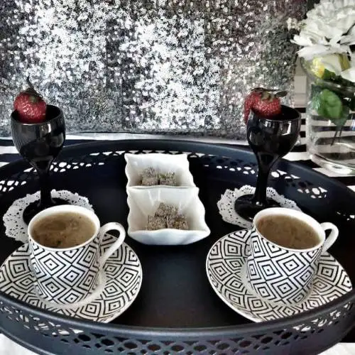 DOLBOVI Black Wrought Iron Lux Tray Black Presentation Tea Tray Black glass saucer tray set  tray serving  tray tea set tea tray tea table trays decorative  food tray gold tray trays mirror tray plateau glass tray serv